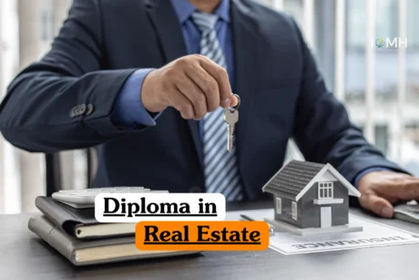 Theoretical real estate and property brokerage training banner featuring a male professional in a dark suit and striped tie seated at a desk.