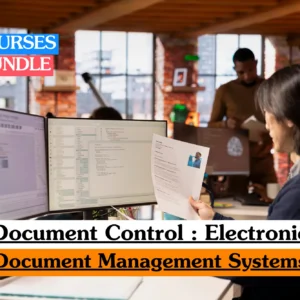 Theoretical information management and digital administration training banner featuring a male professional with long dark hair working at a modern workstation with dual monitors.