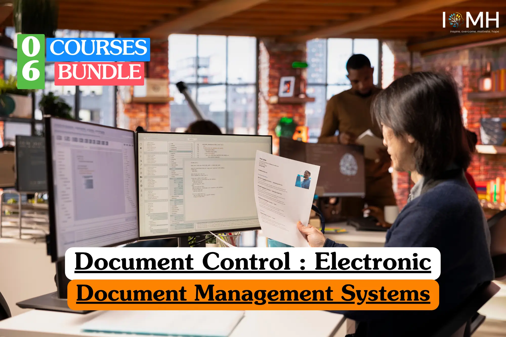 Theoretical information management and digital administration training banner featuring a male professional with long dark hair working at a modern workstation with dual monitors.