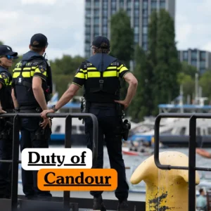 Theoretical law, healthcare, and public service ethics training banner featuring three police officers in high-visibility tactical vests standing at a harbor.