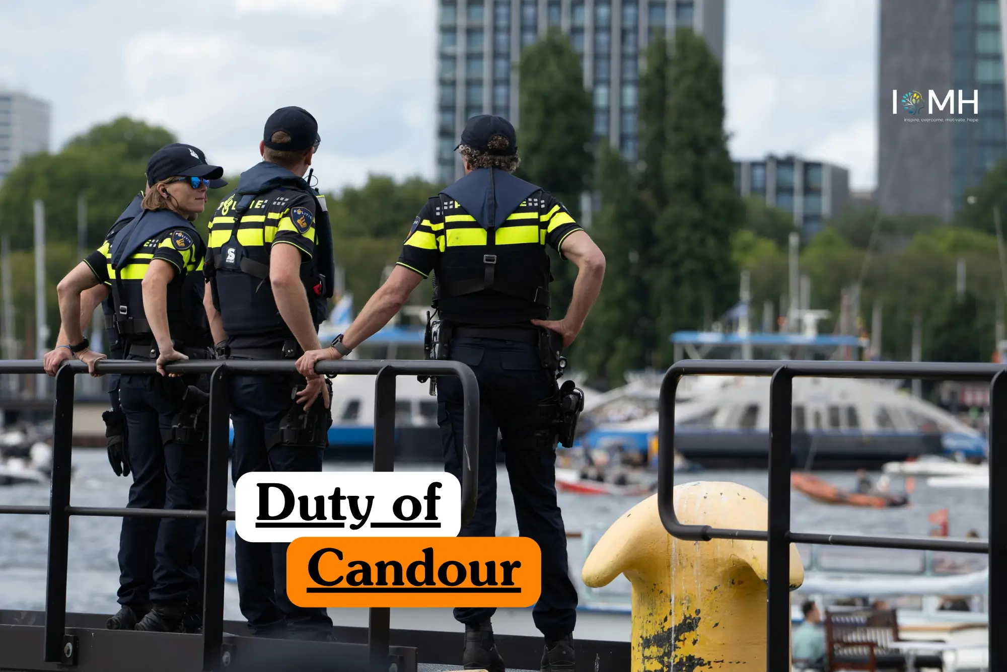 Theoretical law, healthcare, and public service ethics training banner featuring three police officers in high-visibility tactical vests standing at a harbor.