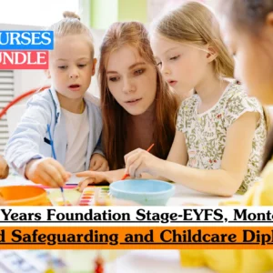 Theoretical early childhood education and childcare training banner featuring a female teacher or nursery practitioner with long red hair working closely with three young children at a table.