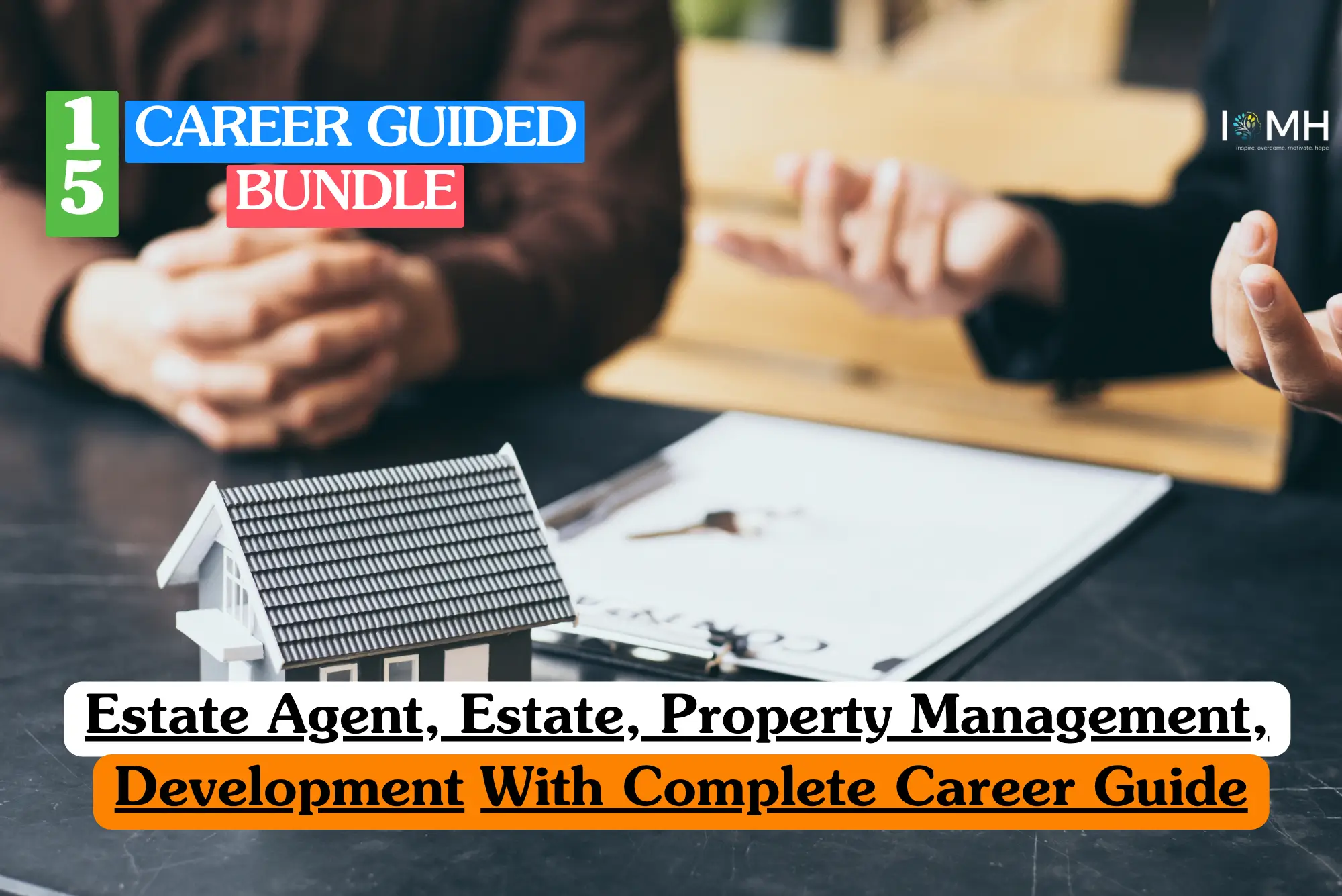 Theoretical real estate brokerage and asset management training banner featuring a close-up view of a professional miniature residential house model sitting on a sleek corporate desk.