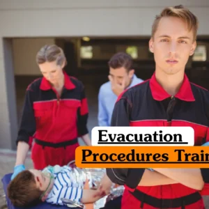 Theoretical emergency response and crisis management training banner featuring two first responders in red and black uniforms attending to an injured child on a stretcher, with bystanders looking on in the background.