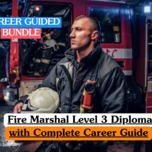 Theoretical emergency leadership and risk compliance training banner featuring a clean, professional commercial office corridor with visible emergency exit signage, an alarm pull station, and a wall-mounted water fire extinguisher.