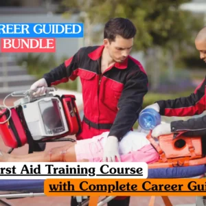 Theoretical healthcare and emergency response training banner featuring a top-down view of a stark white surface cleanly arranged with an open, professional first aid kit box, medical scissors, bandages, sterile gauze pads, and safety pins.