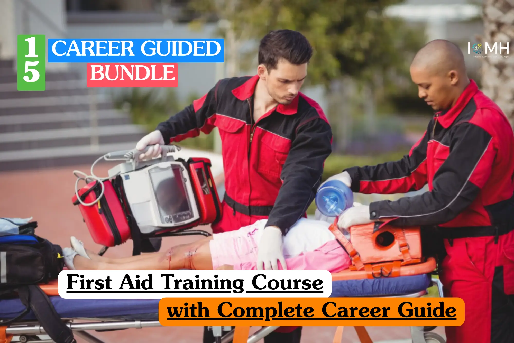 Theoretical healthcare and emergency response training banner featuring a top-down view of a stark white surface cleanly arranged with an open, professional first aid kit box, medical scissors, bandages, sterile gauze pads, and safety pins.