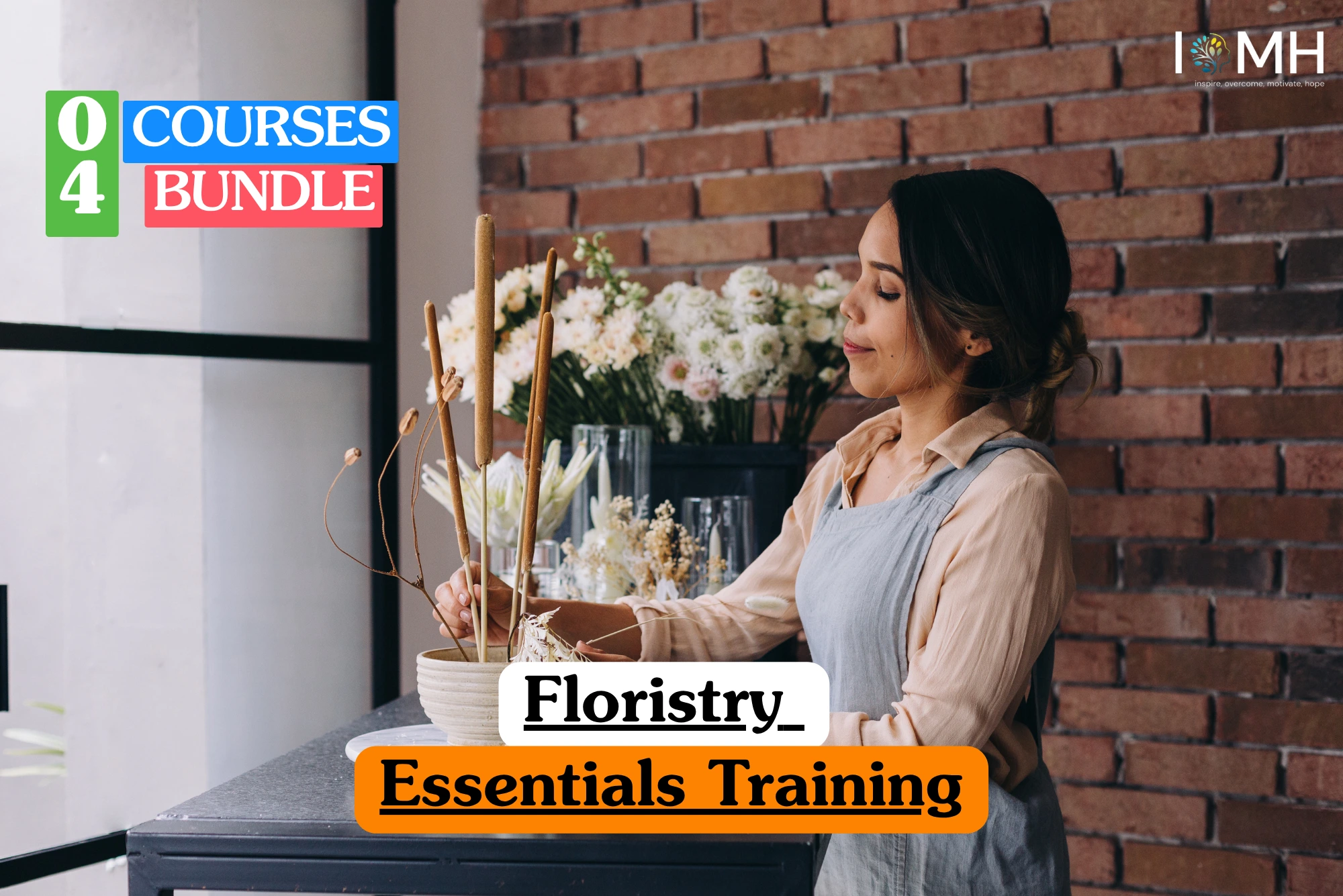 Theoretical floral design and horticulture training banner featuring a female florist in a grey apron carefully arranging bulrushes and dried botanicals into a ceramic vase.
