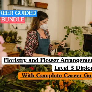 Theoretical botanical design and creative arts training banner featuring a professional florist in a floral-print shirt and blue apron working in a rustic flower shop.