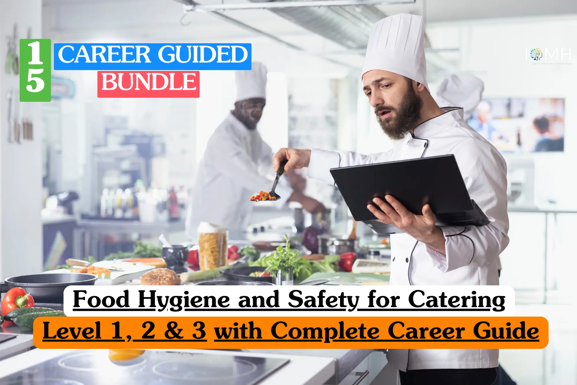 Theoretical hospitality compliance and culinary safety training banner featuring a clean, modern commercial kitchen environment where a professional female chef in white uniform is meticulously preparing a salad.