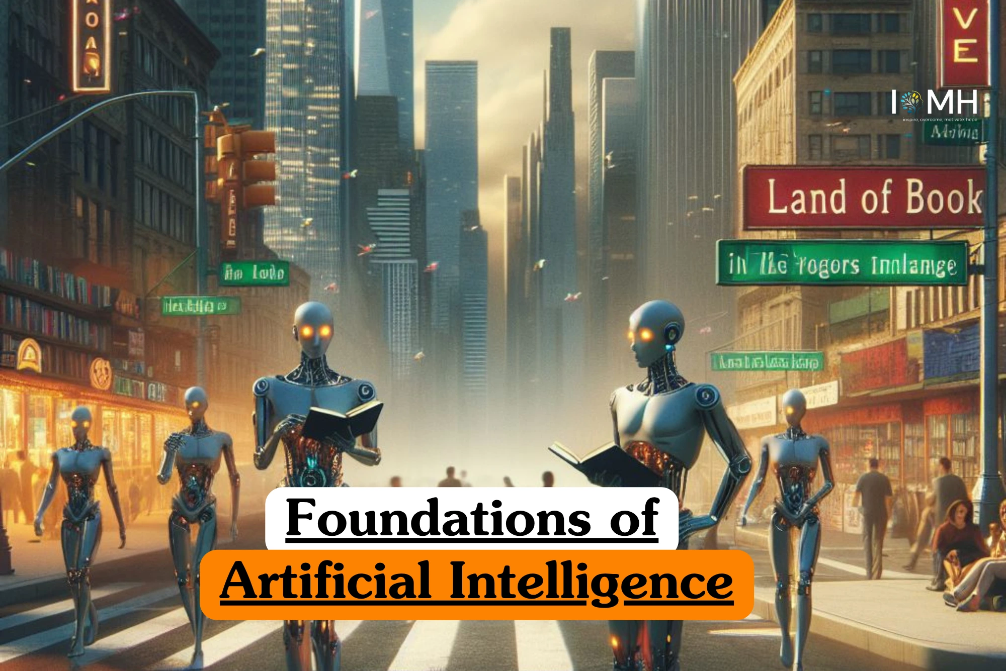 Theoretical computer science and futuristic technology training banner featuring an AI-generated scene of humanoid robots with glowing orange eyes walking through a bustling city street.