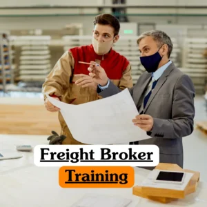 Two professionals in a warehouse setting reviewing logistics blueprints, representing theoretical Freight Broker Training and supply chain management concepts.
