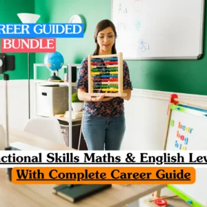Theoretical academic and vocational training banner featuring a female student or educator sitting at a desk and smiling while using a calculator.