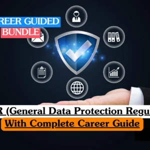 An e-learning banner featuring a professional hand holding a digital shield with a checkmark, surrounded by icons for data security, and text reading "15 Career Guided Bundle" and "GDPR (General Data Protection Regulation) With Complete Career Guide."