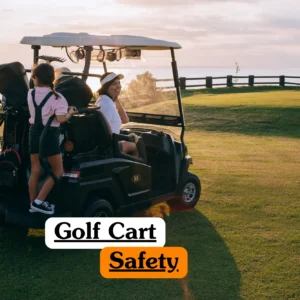 A family using a golf buggy on a coastal course to illustrate theoretical Golf Cart Safety standards and passenger etiquette.