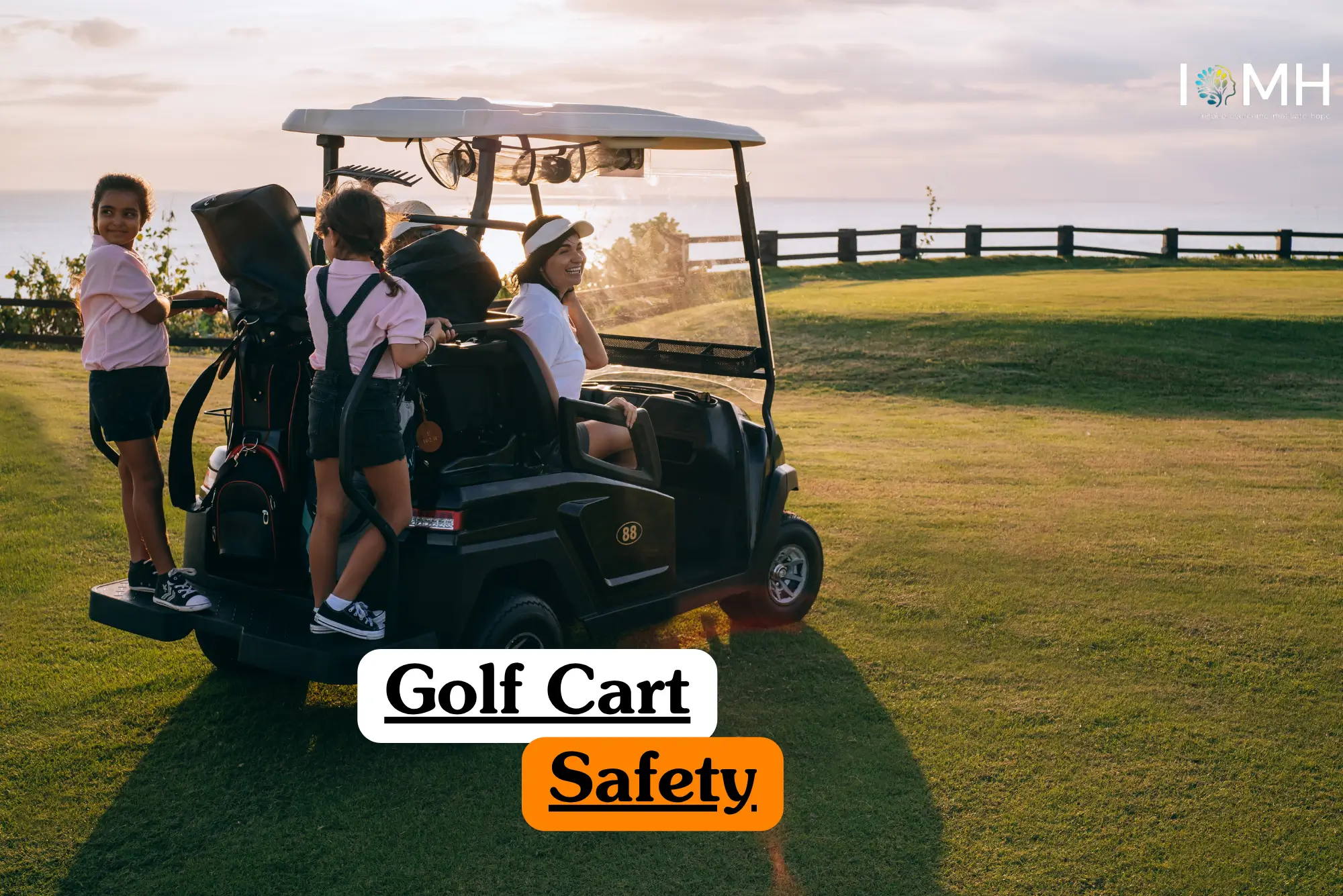 A family using a golf buggy on a coastal course to illustrate theoretical Golf Cart Safety standards and passenger etiquette.