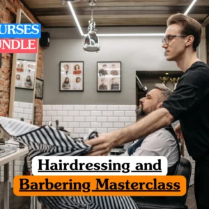 Theoretical cosmetology and men's grooming training banner featuring a professional barber in black attire preparing to drape a striped cutting cape over a seated client.