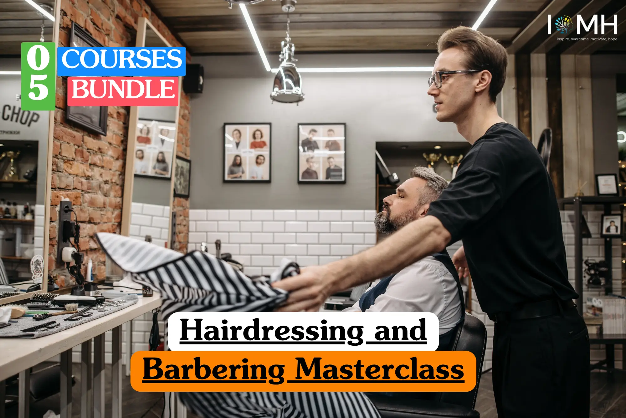 Theoretical cosmetology and men's grooming training banner featuring a professional barber in black attire preparing to drape a striped cutting cape over a seated client.