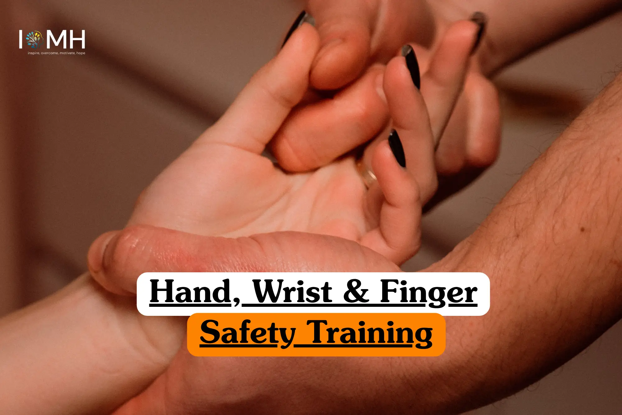 Theoretical occupational health and manual handling training banner featuring a close-up of a person's hands being carefully examined or massaged, representing the study of hand anatomy, repetitive strain injury (RSI) prevention, ergonomic workstation setup, and the proper use of personal protective equipment (PPE) to avoid workplace injuries.