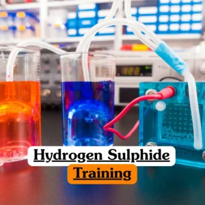 Theoretical industrial safety and occupational health training banner featuring a specialized yellow "H2S Gas" warning sign and a digital gas detector.