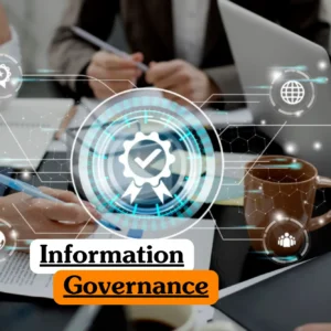 Theoretical data management and regulatory compliance training banner featuring a group of professionals working at a desk with laptops and notebooks, overlaid with a sophisticated digital interface of glowing white icons representing global connectivity, document management, and personnel, centered around a prominent circular "quality and verification" badge with a checkmark.