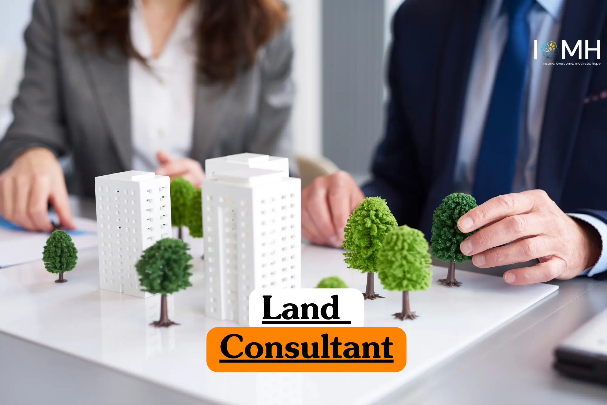 Theoretical real estate and land management training banner featuring a close-up of a professional’s hands resting on a large, detailed land survey map spread across a desk.
