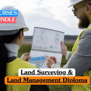 Theoretical civil engineering and geomatics training banner featuring two professionals—a woman in a white hard hat and a bearded man in a yellow high-visibility vest—standing in an open field while reviewing technical blueprints and land development diagrams.