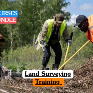 Theoretical geomatics and environmental engineering training banner featuring a diverse team of three outdoor workers in high-visibility orange and lime green safety vests performing field work in a wooded area.