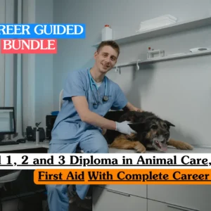 Theoretical veterinary and animal welfare training banner featuring a professional female groomer or animal care specialist interacting with a large, fluffy white Samoyed dog.