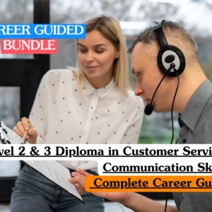 Theoretical business and soft skills training banner featuring a male professional wearing a headset and a female colleague reviewing a document on a clipboard.