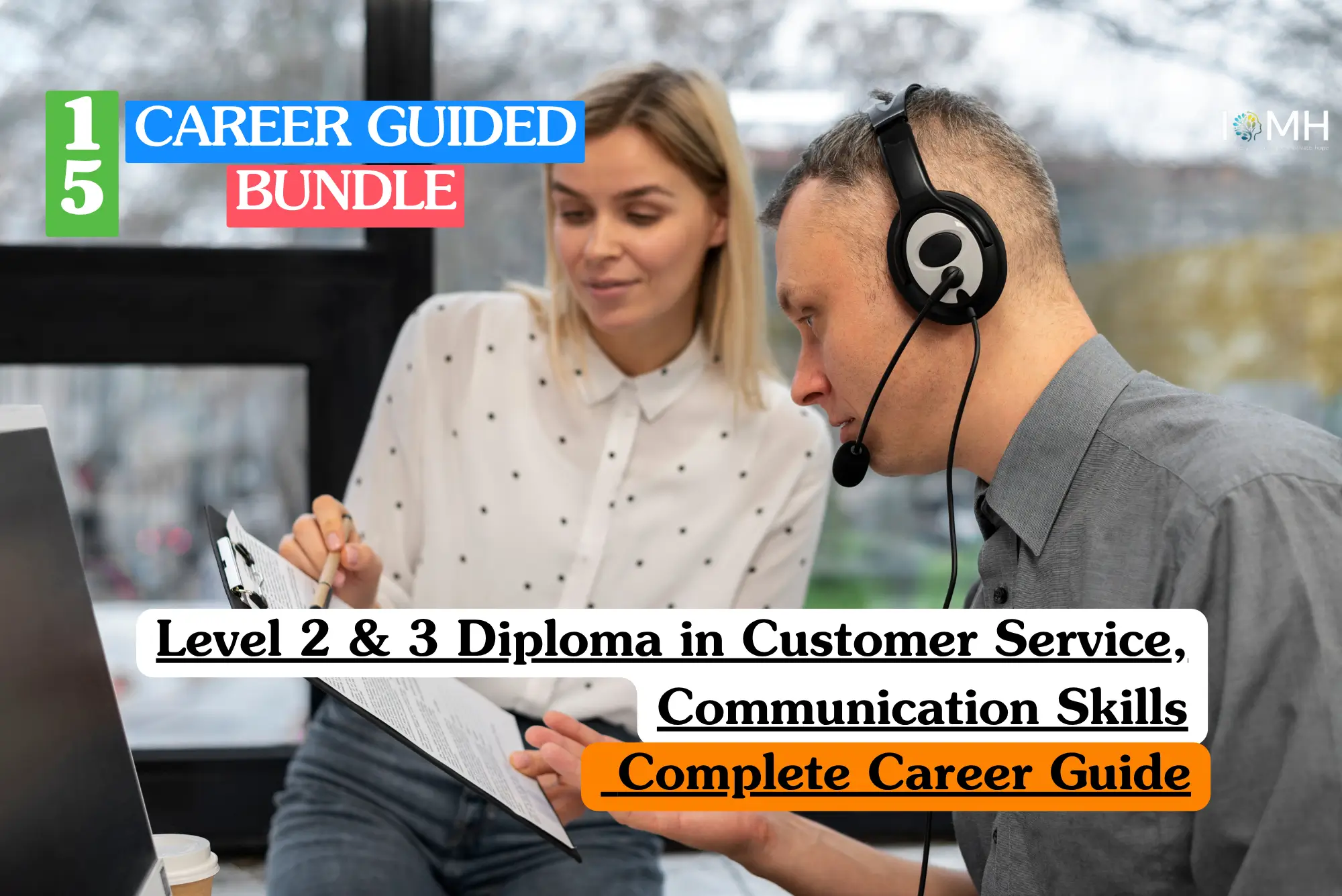 Theoretical business and soft skills training banner featuring a male professional wearing a headset and a female colleague reviewing a document on a clipboard.