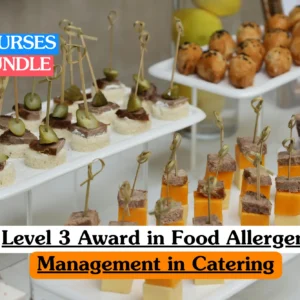 Theoretical food safety and hospitality management training banner featuring a professional buffet spread of various hors d'oeuvres, including meat and pickle canapés, cheese cubes, and chocolate desserts.