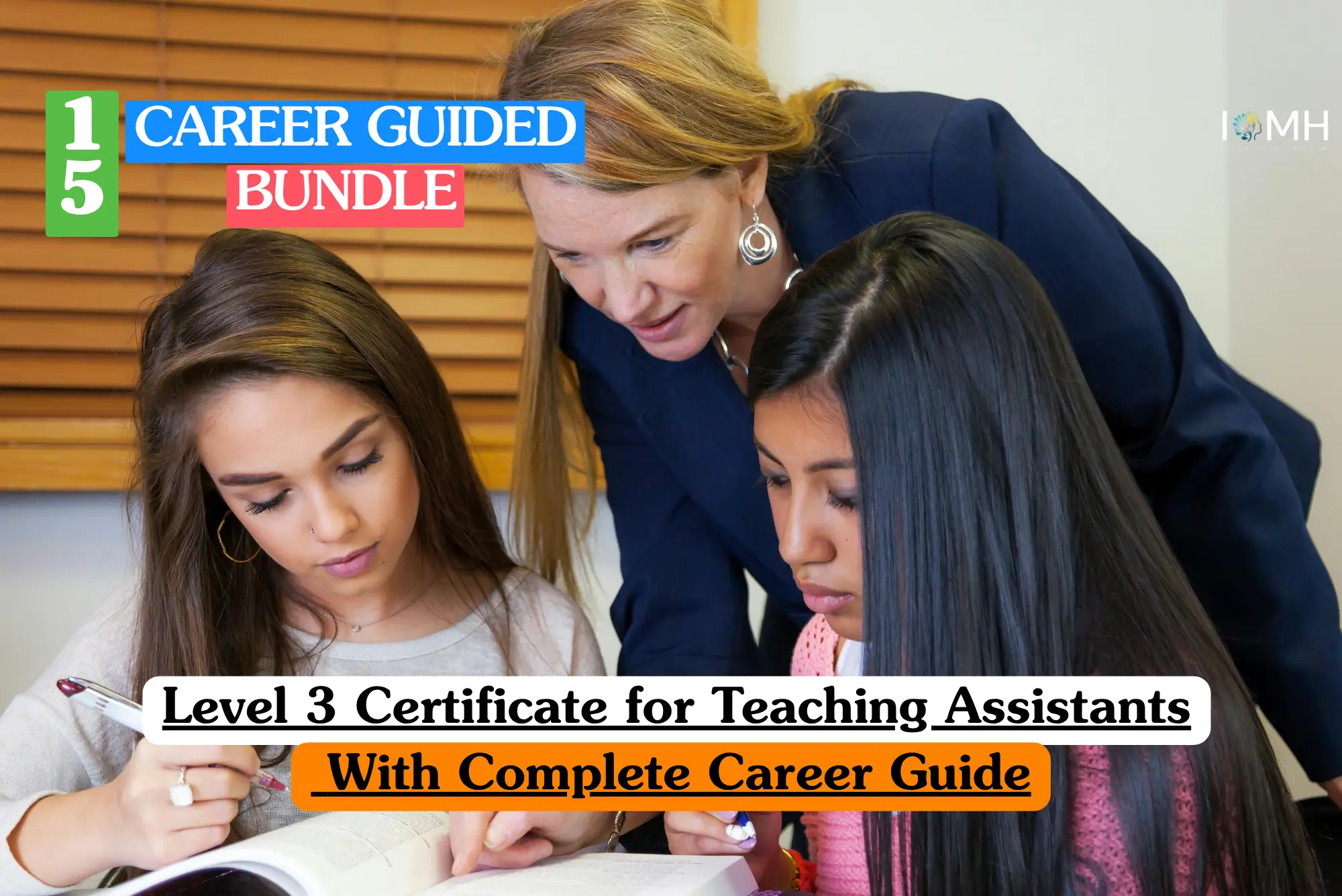 Theoretical pedagogical support and educational training banner featuring an adult female teaching assistant or educator leaning over two female students to provide guided instruction.