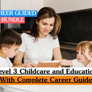 Theoretical early childhood education and primary pedagogy training banner featuring a professional female early years educator or nursery teacher with long blonde hair tied back, wearing a neutral knit cardigan. She is smiling while kneeling next to a low wooden activity table.