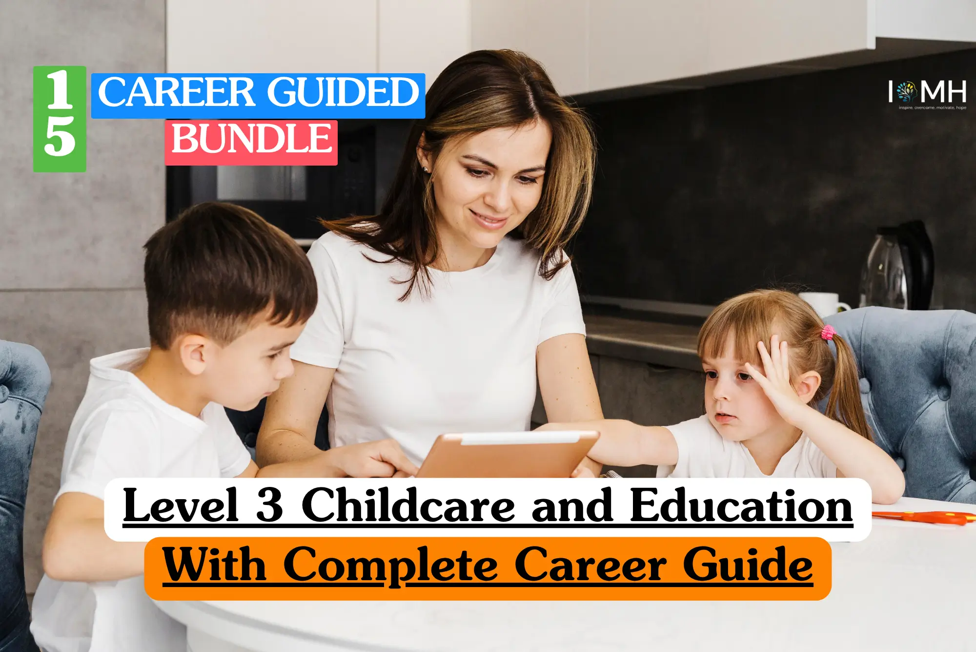Theoretical early childhood education and primary pedagogy training banner featuring a professional female early years educator or nursery teacher with long blonde hair tied back, wearing a neutral knit cardigan. She is smiling while kneeling next to a low wooden activity table.