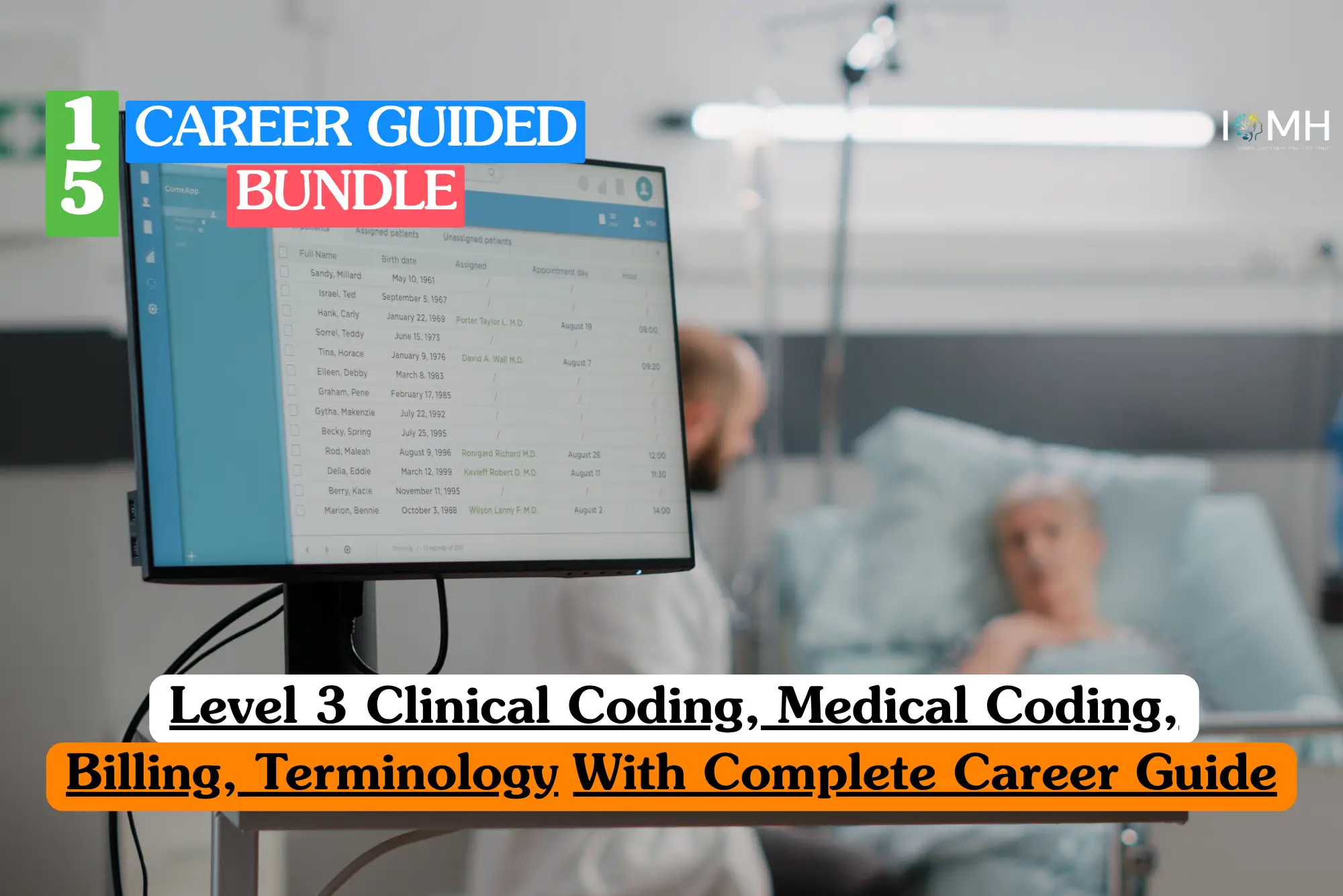 Theoretical health informatics and healthcare administration training banner featuring a focused professional woman sitting at a modern workstation, dual-monitoring complex alphanumeric healthcare data and medical charts.