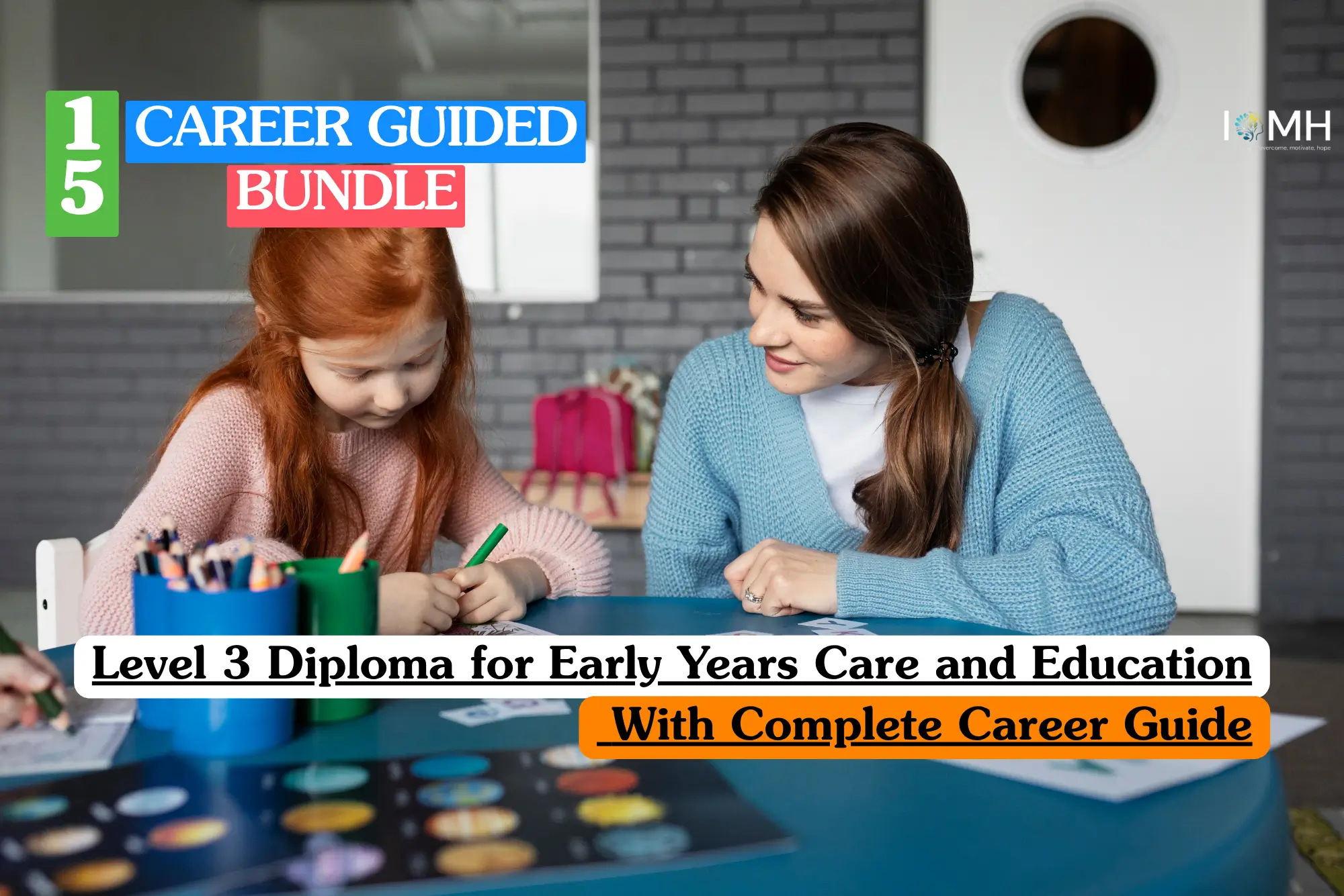 Theoretical early childhood education and development training banner featuring a female educator in a blue sweater smiling while observing a young girl with red hair coloring at a desk.