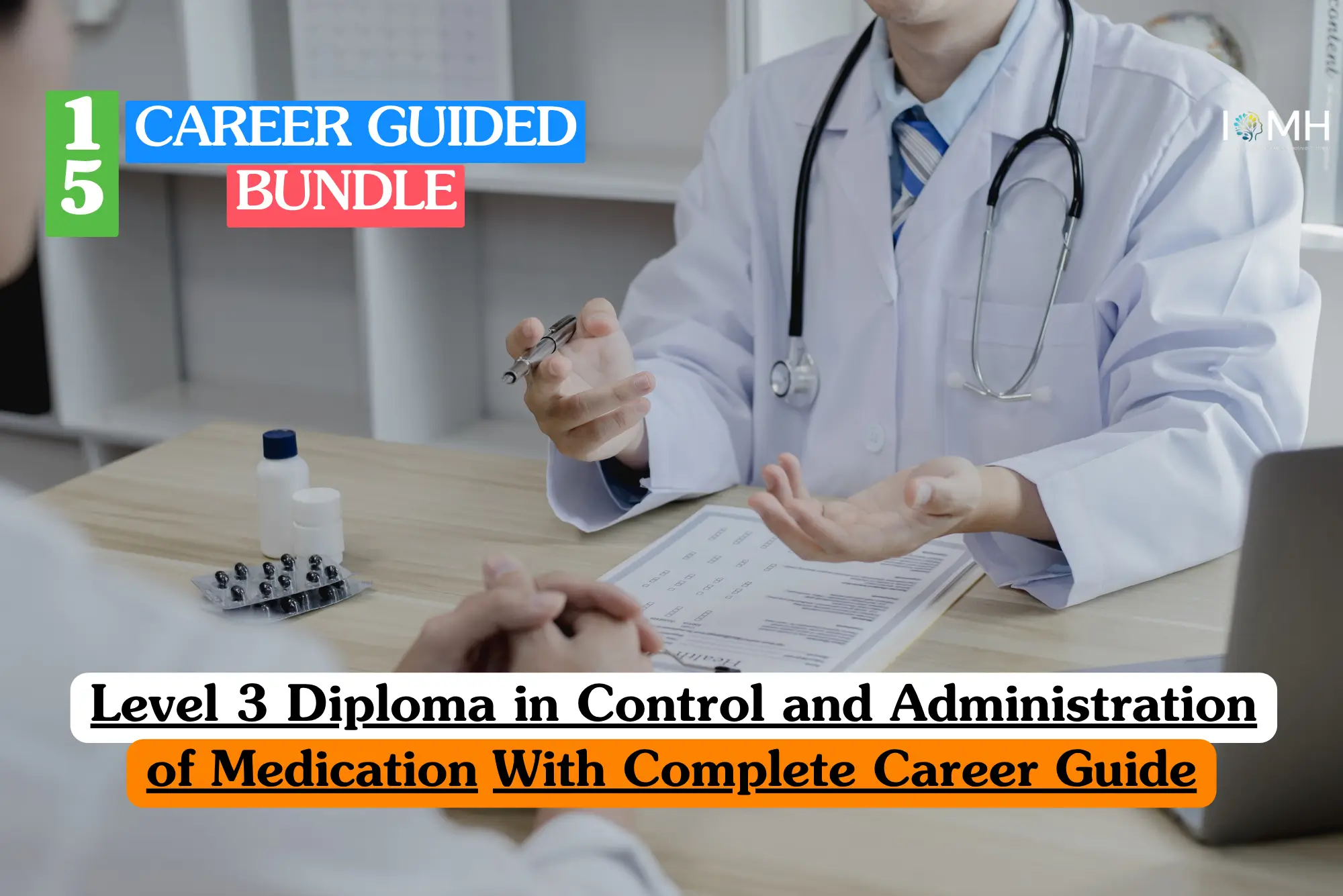 Theoretical pharmacology and clinical compliance training banner featuring a professional female healthcare practitioner or pharmacist carefully selecting and organizing prescription medication boxes from a clean, well-lit pharmacy dispensing shelf.