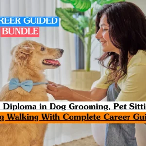 Theoretical pet services and husbandry training banner featuring a female professional groomer carefully clipping the white fur of a small, well-behaved dog on a grooming table.