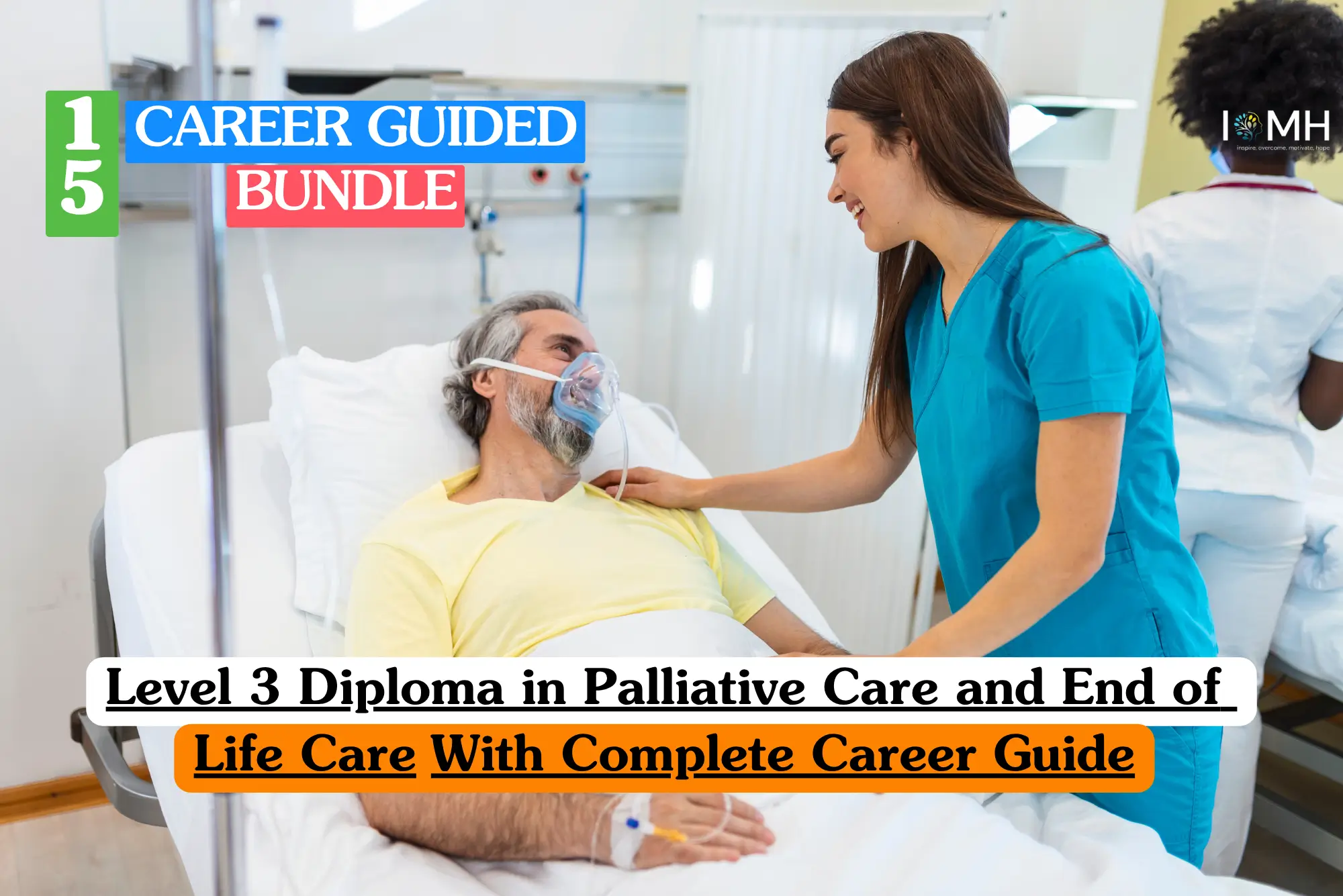 Theoretical compassionate clinical care training banner featuring a female healthcare professional in a navy blue uniform gently holding the hand of an elderly patient in a bed.