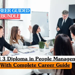 Professional business meeting and leadership training session for the Level 3 Diploma in People Management with Complete Career Guide. Corporate manager leading a team discussion in a modern office environment, representing people management, leadership development, workplace communication, team collaboration, employee training, and career advancement skills.