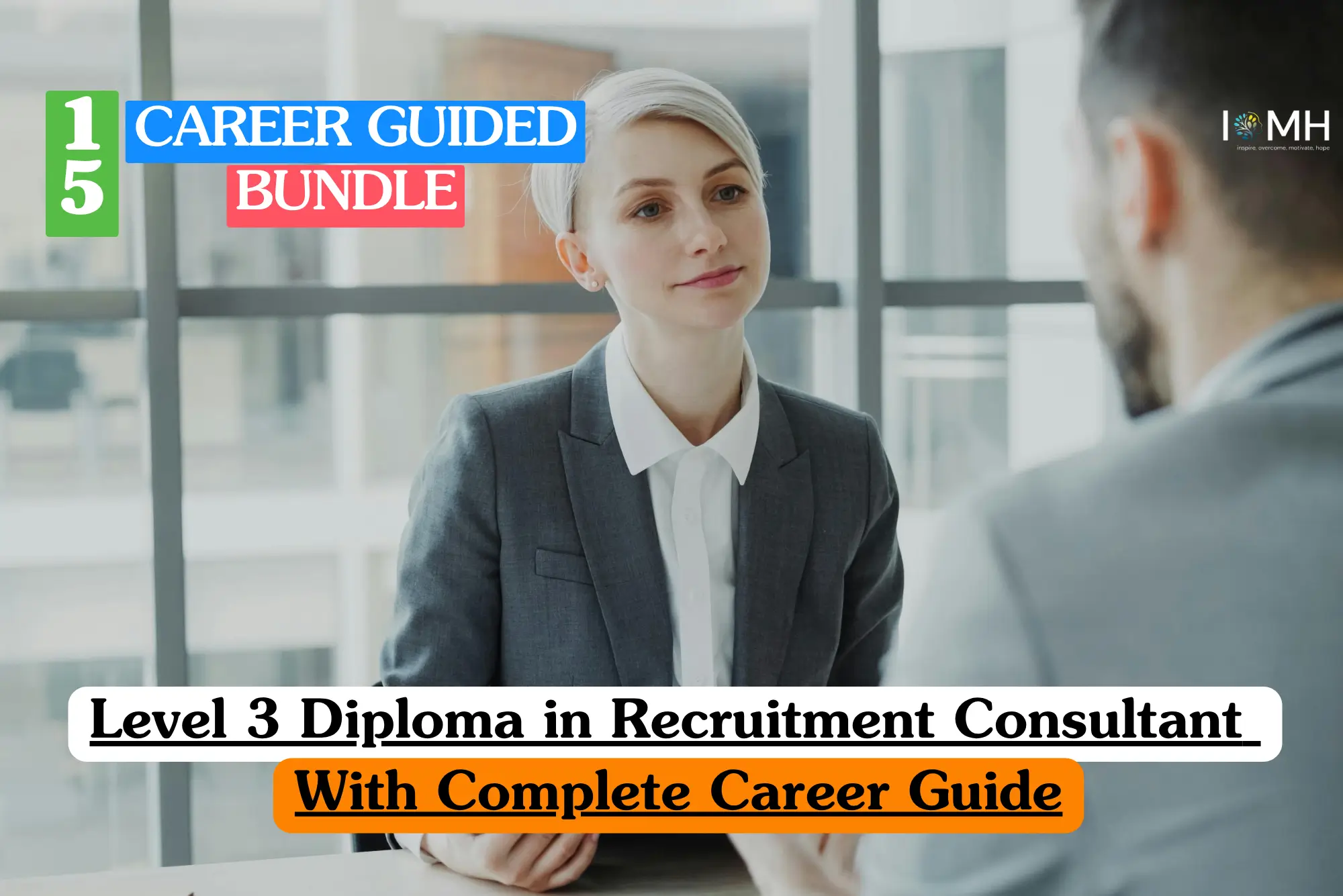 Theoretical human resources and corporate talent acquisition training banner featuring a professional woman sitting in a sleek corporate office, confidently working on a laptop while smiling.
