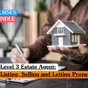 Theoretical real estate and property brokerage training banner featuring a professional in a brown shirt holding a small, detailed scale model of a modern grey house in their palm while writing on a clipboard.