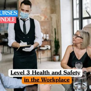 Theoretical occupational health and safety training banner featuring a male waiter wearing a protective face mask and gloves while taking an order from a seated couple in a restaurant setting.