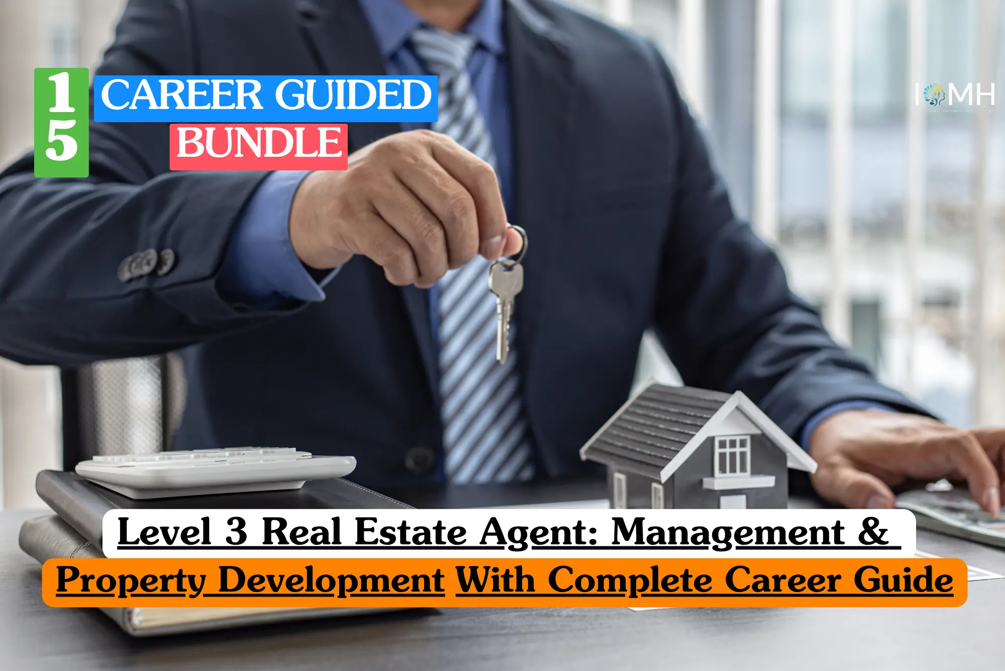 Theoretical real estate and construction training banner featuring a diverse team of three professionals—including an architect with a hard hat and a real estate agent—reviewing architectural blueprints on a modern glass desk.