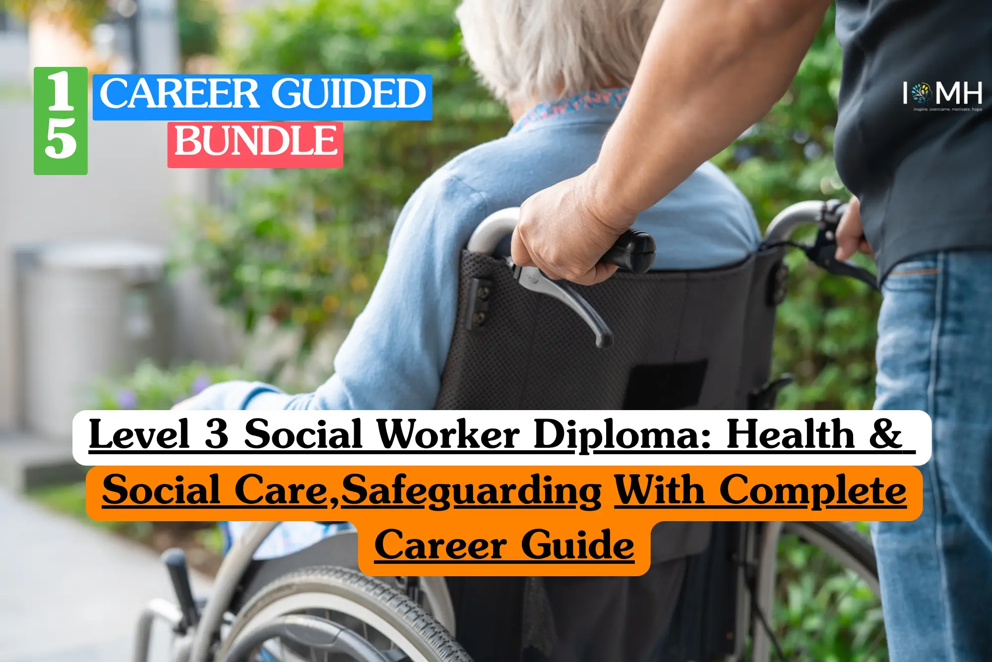 Theoretical community welfare and clinical care training banner focusing on a close-up, over-the-shoulder perspective of a dedicated social care worker or support practitioner in casual denim attire pushing an elderly or disabled individual seated in a wheelchair outdoors.
