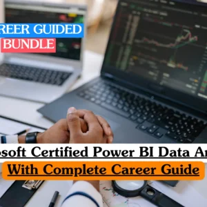 An open laptop displaying data visualization charts sits on a white desk next to a person's hands clasped over financial documents. The top left features a green square with the number "15" and a "CAREER GUIDED BUNDLE" banner, while the "TMH" logo is in the top right. A bold text overlay at the bottom reads, "Microsoft Certified Power BI Data Analyst With Complete Career Guide."