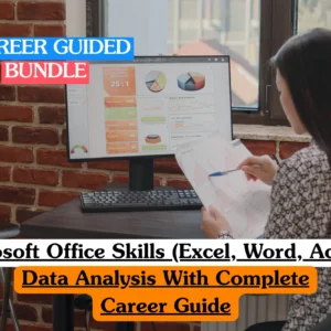 Banner for 15-course Microsoft Office Skills bundle: Excel, Word, Access & Data Analysis career guide with woman reviewing analytics dashboard.