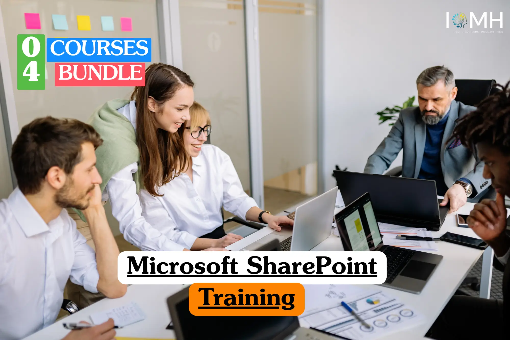Theoretical Information Technology and business collaboration training banner featuring a diverse team of five professionals working in a modern, bright office environment.