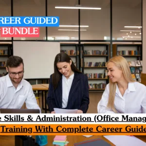 Theoretical business operations and administrative training banner featuring a professional woman in a modern office, smiling while working on a laptop.